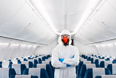 Airplane disinfection due to COVID-19 stock photo